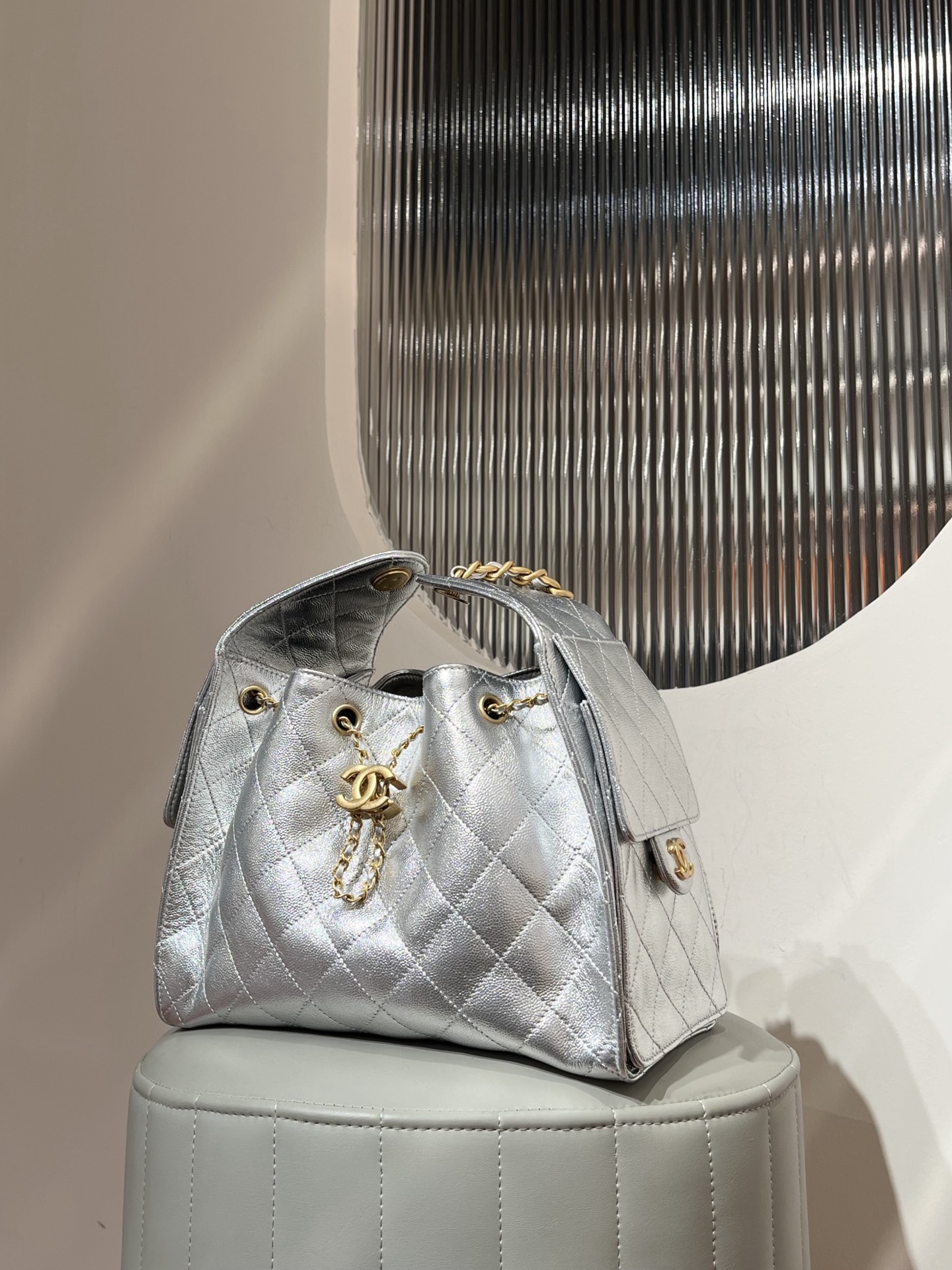 CHANEL 25 Mini Handbag Calfskin & Gold-Tone Metal Silver