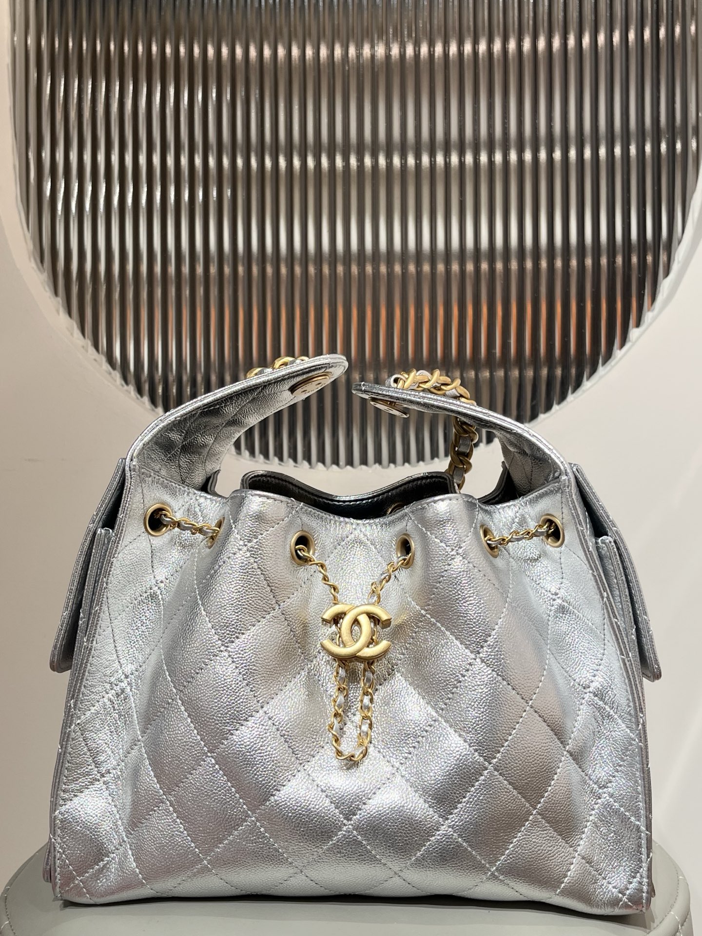 CHANEL 25 Mini Handbag Calfskin & Gold-Tone Metal Silver