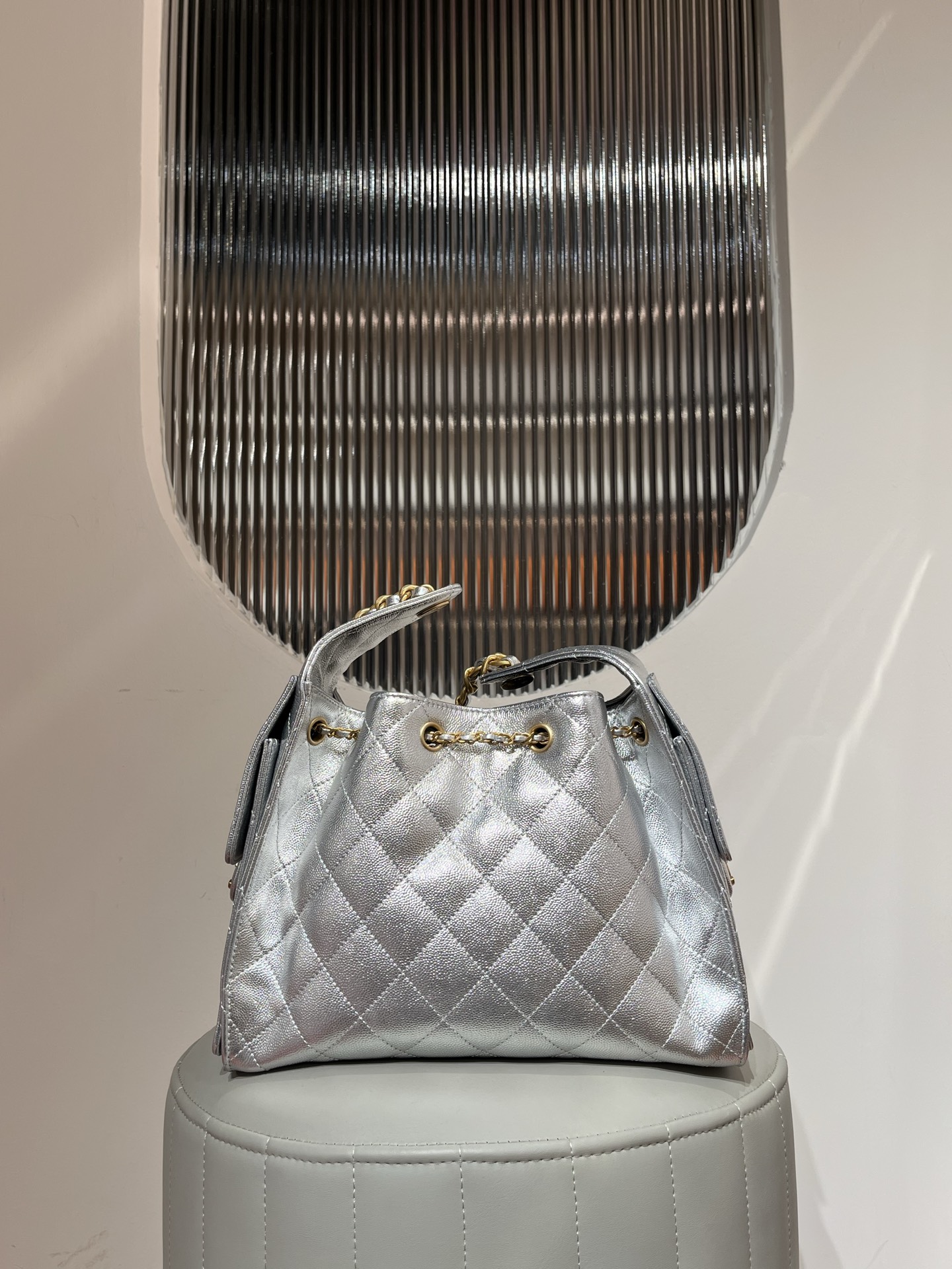 CHANEL 25 Mini Handbag Calfskin & Gold-Tone Metal Silver
