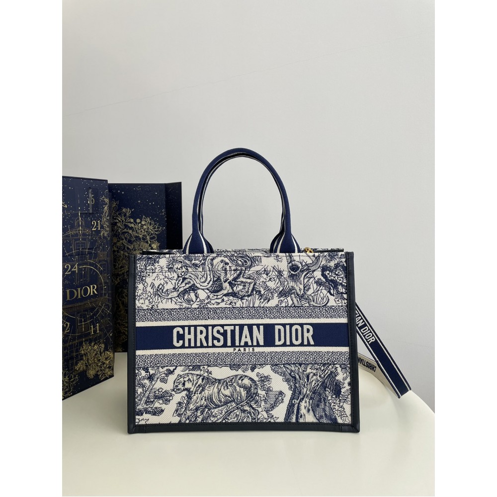 Medium Dior Book Tote Blue and Ecru Toile de Jouy Reverse Embroidery (36 x 16 x 27 cm)