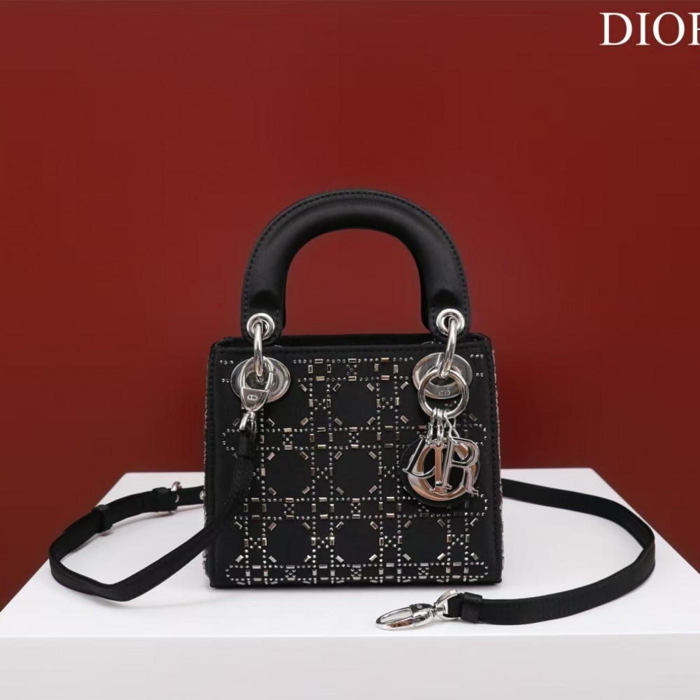 CHRISTIAN DIOR  Satin Crystal Cannage Mini Lady Dior Black