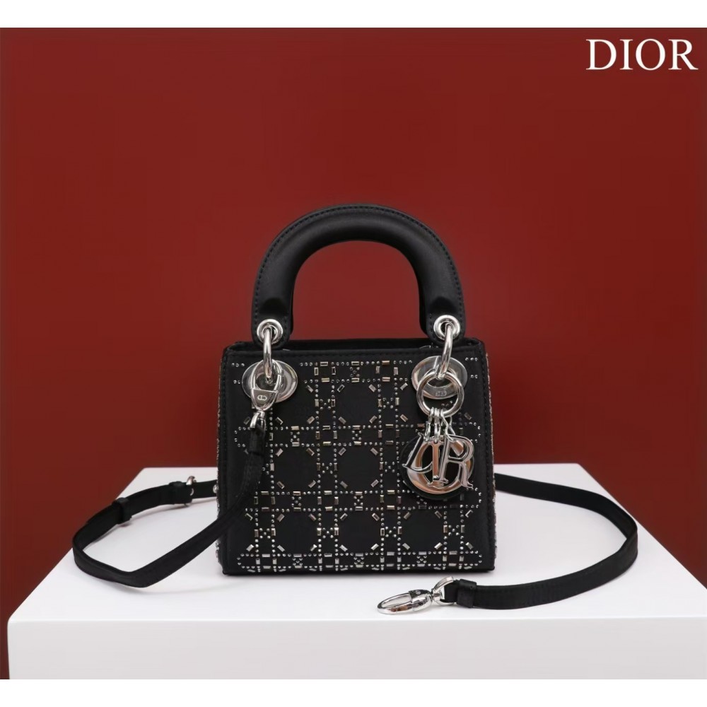 CHRISTIAN DIOR  Satin Crystal Cannage Mini Lady Dior Black
