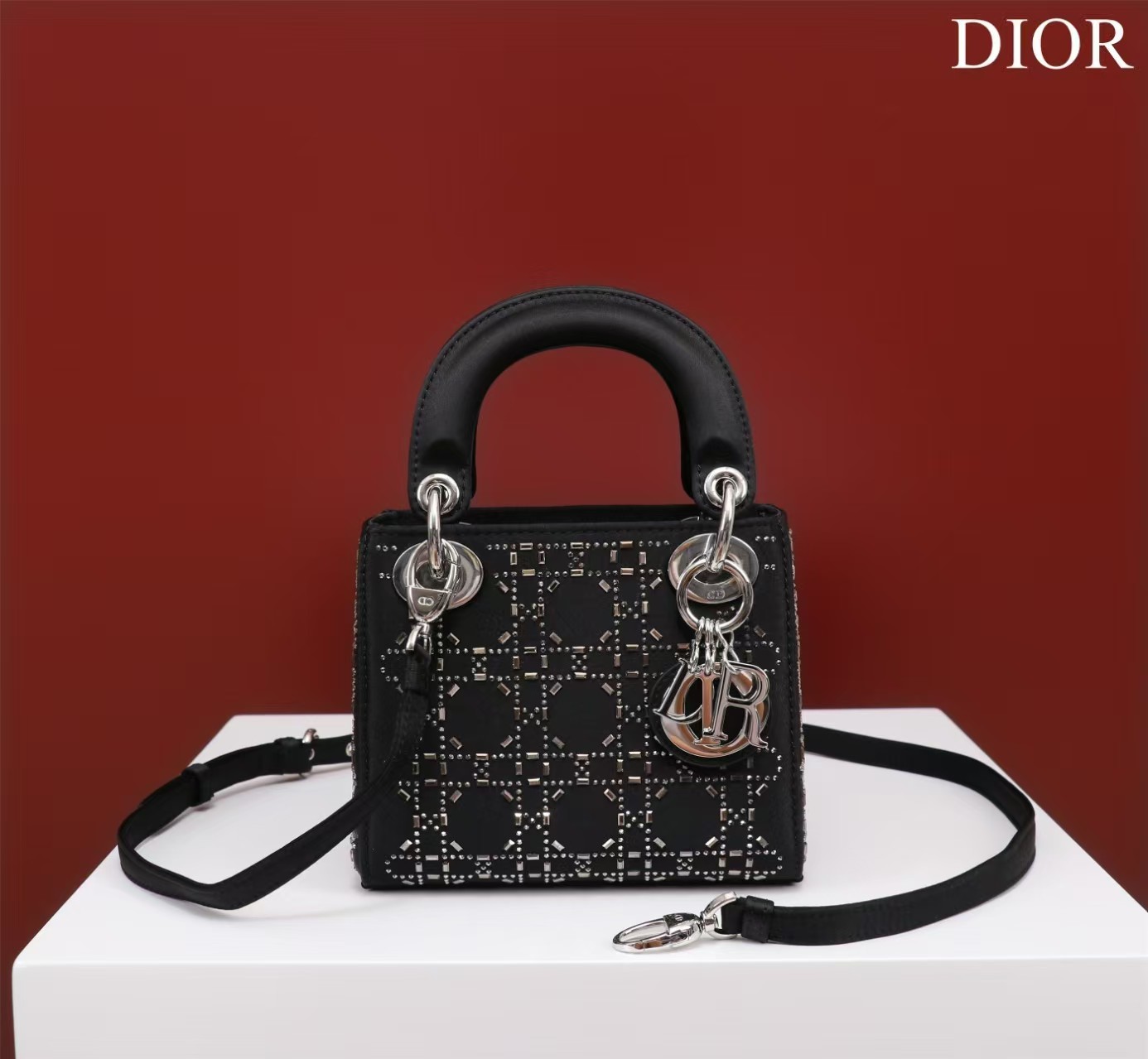 CHRISTIAN DIOR Satin Crystal Cannage Mini Lady Dior Black CHRISTIAN DIOR Satin Crystal Cannage Mini Lady Dior Black