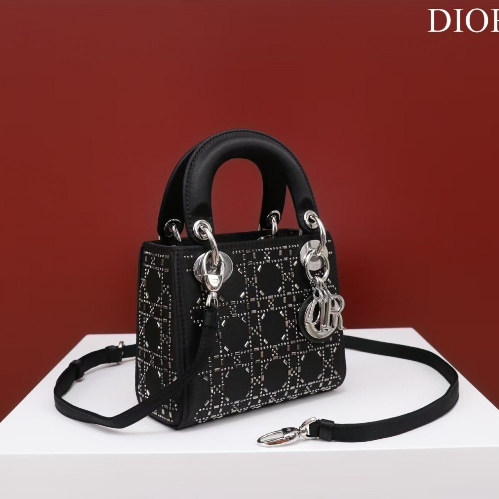CHRISTIAN DIOR  Satin Crystal Cannage Mini Lady Dior Black
