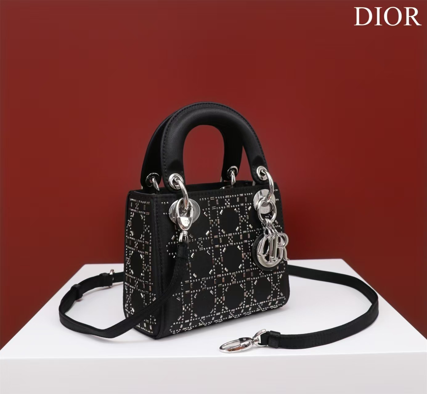 CHRISTIAN DIOR Satin Crystal Cannage Mini Lady Dior Black CHRISTIAN DIOR Satin Crystal Cannage Mini Lady Dior Black