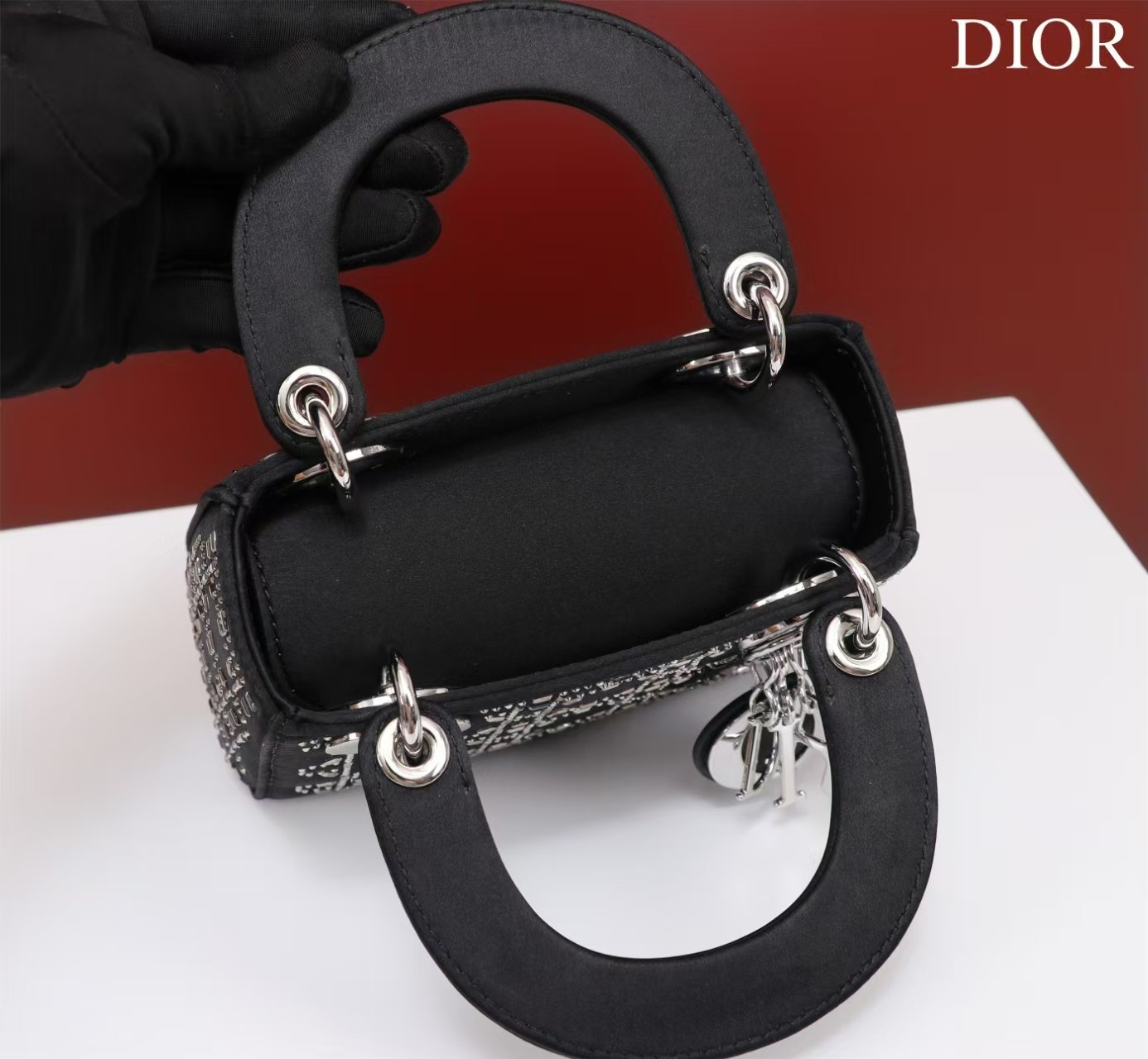 CHRISTIAN DIOR Satin Crystal Cannage Mini Lady Dior Black CHRISTIAN DIOR Satin Crystal Cannage Mini Lady Dior Black