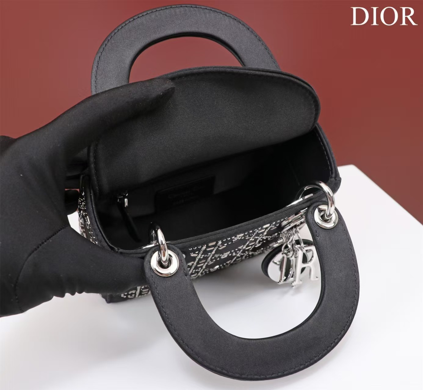 CHRISTIAN DIOR Satin Crystal Cannage Mini Lady Dior Black CHRISTIAN DIOR Satin Crystal Cannage Mini Lady Dior Black