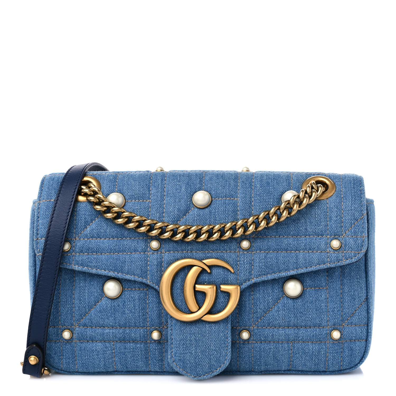 GUCCI Denim Matelasse Pearl Studded Small GG Marmont Shoulder Bag Blue GUCCI Denim Matelasse Pearl Studded Small GG Marmont Shoulder Bag Blue