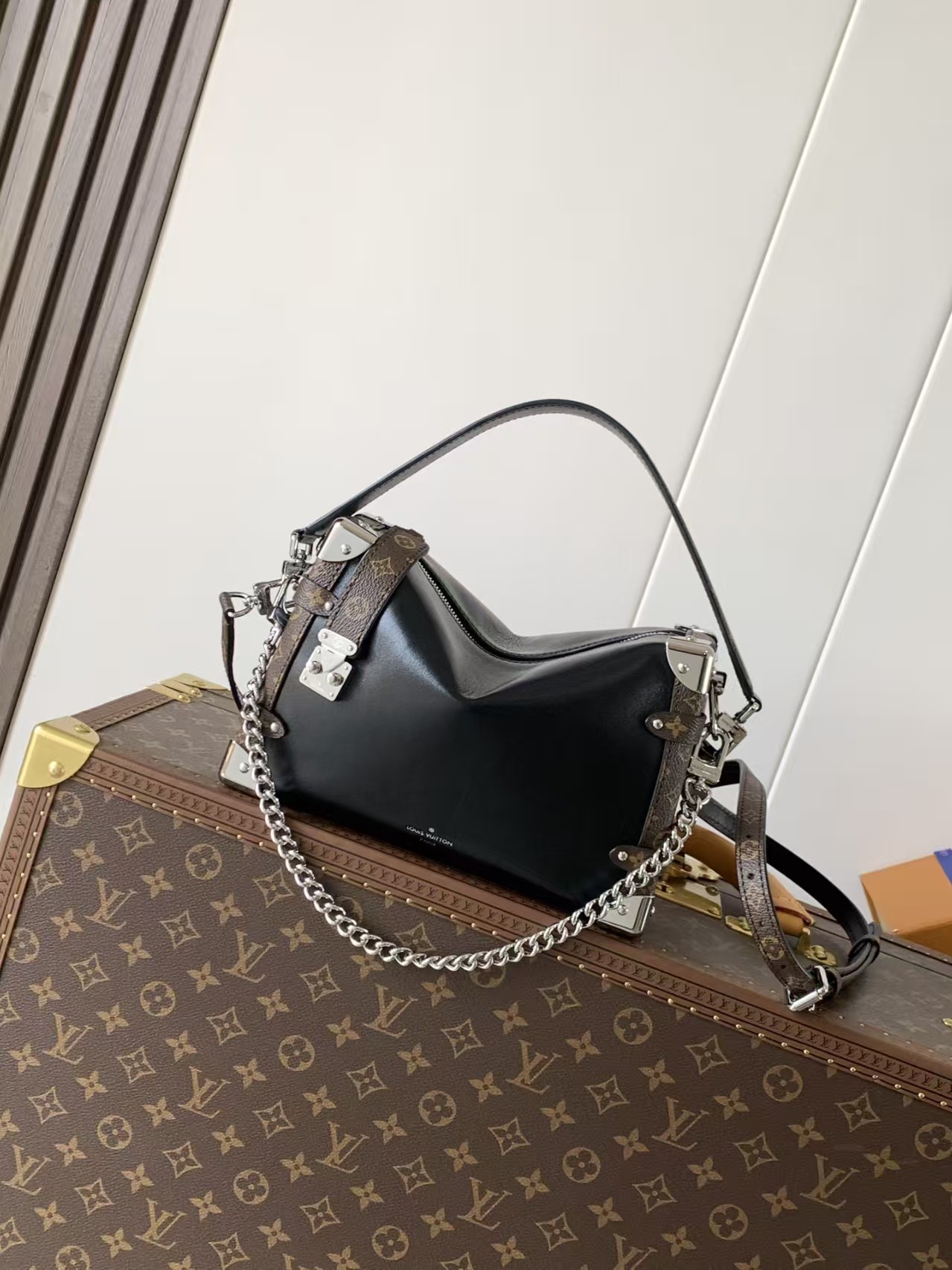 Louis Vuitton Black Leather and Monogram Canvas Side Trunk