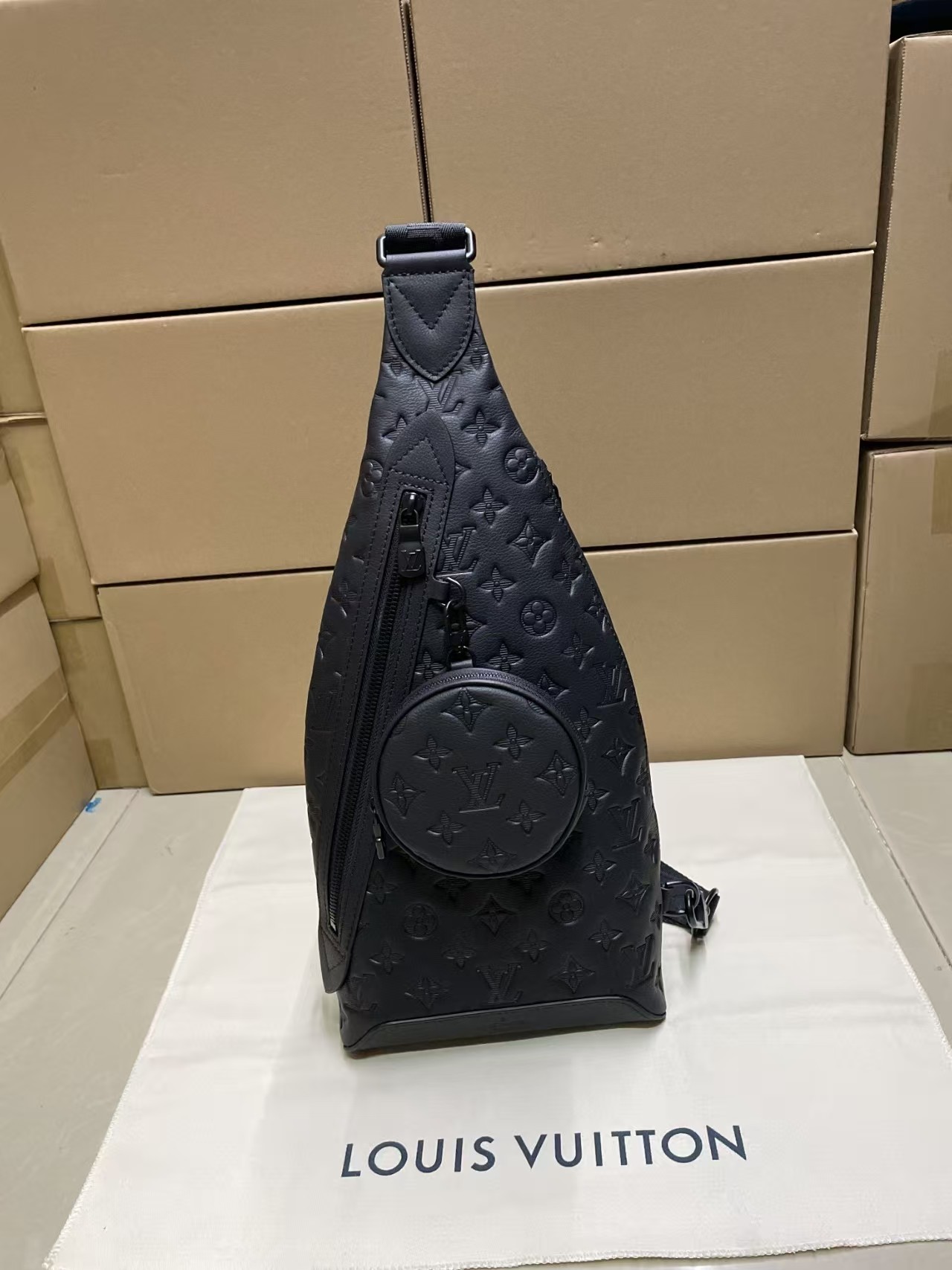 LOUIS VUITTON Calfskin Shadow Monogram Duo Slingbag Black