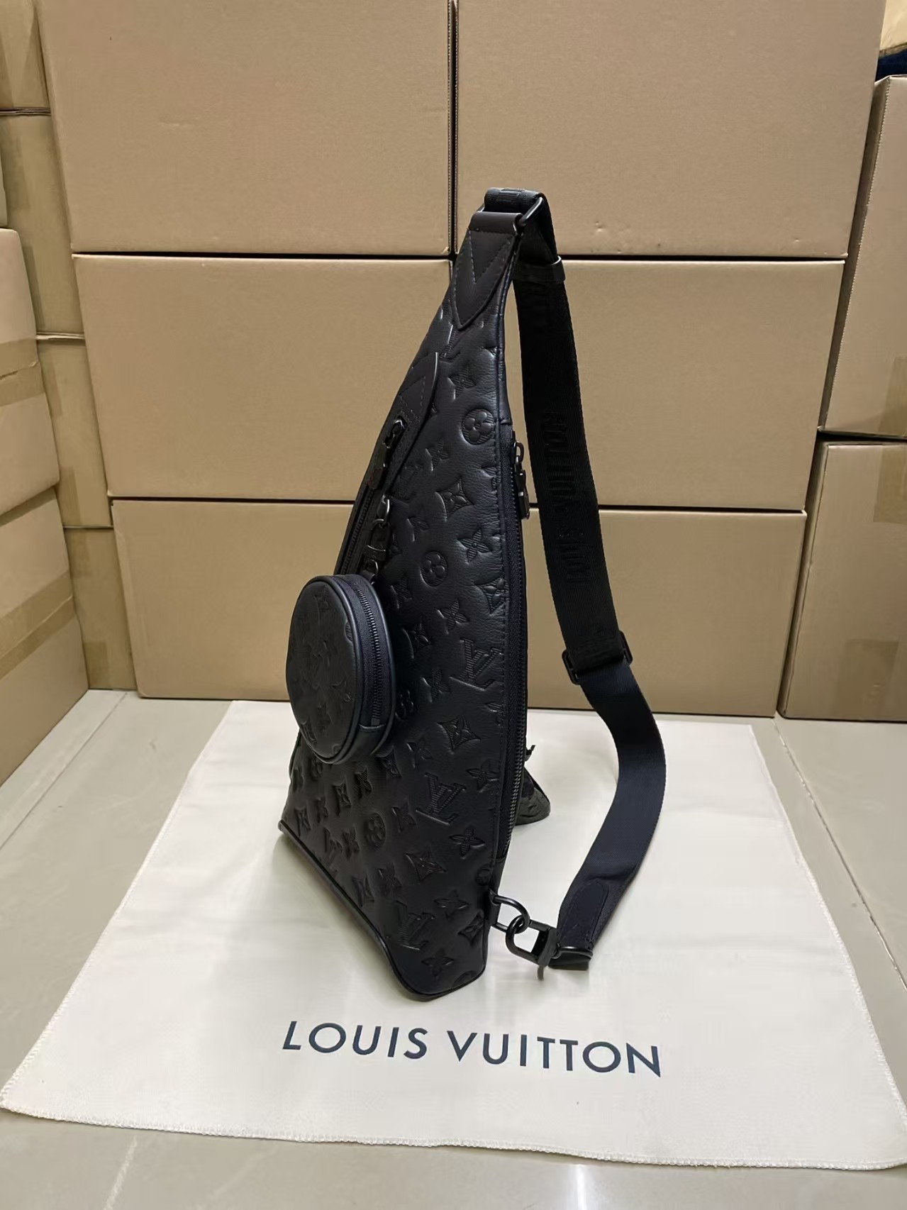 LOUIS VUITTON Calfskin Shadow Monogram Duo Slingbag Black