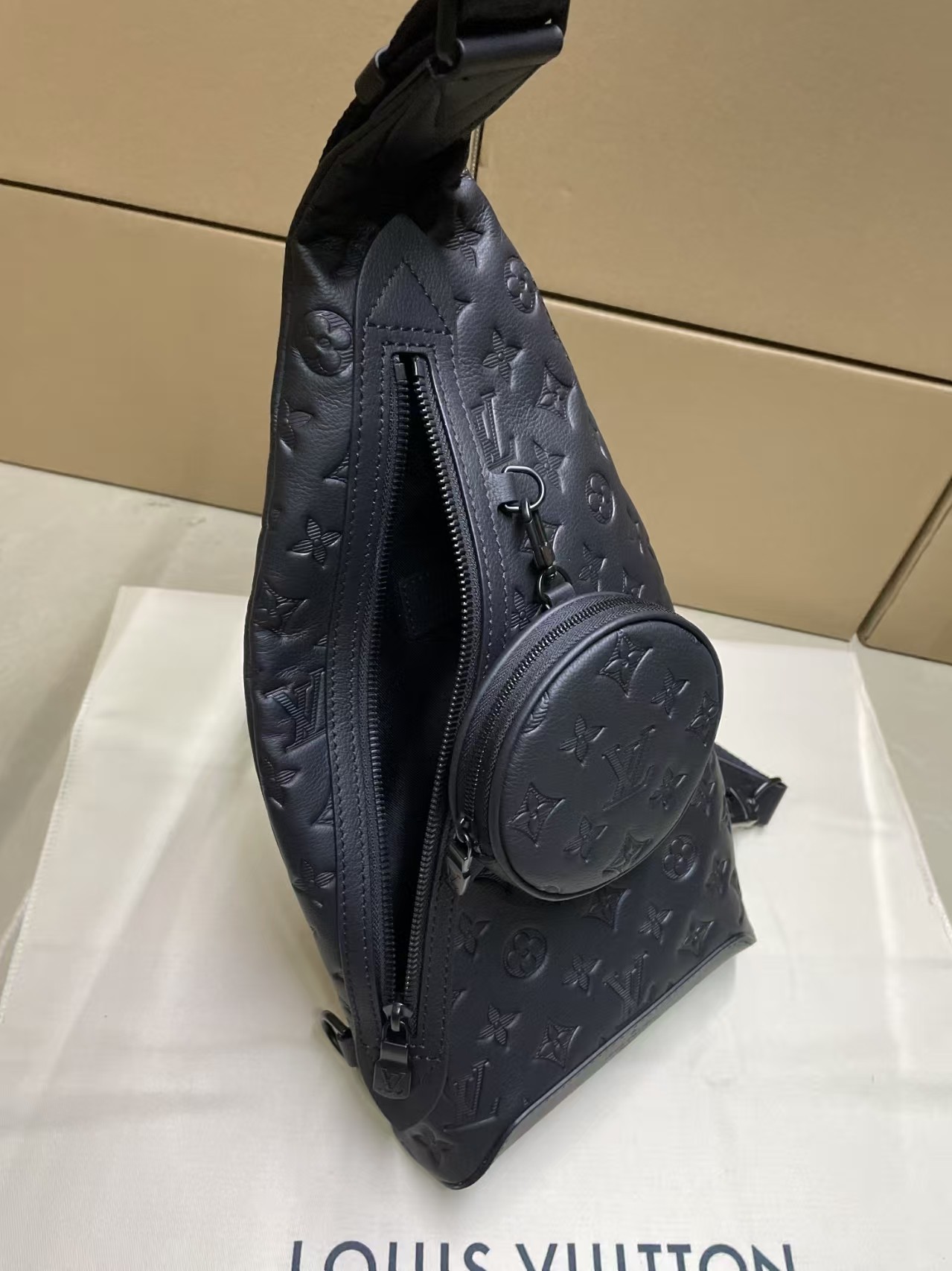 LOUIS VUITTON Calfskin Shadow Monogram Duo Slingbag Black