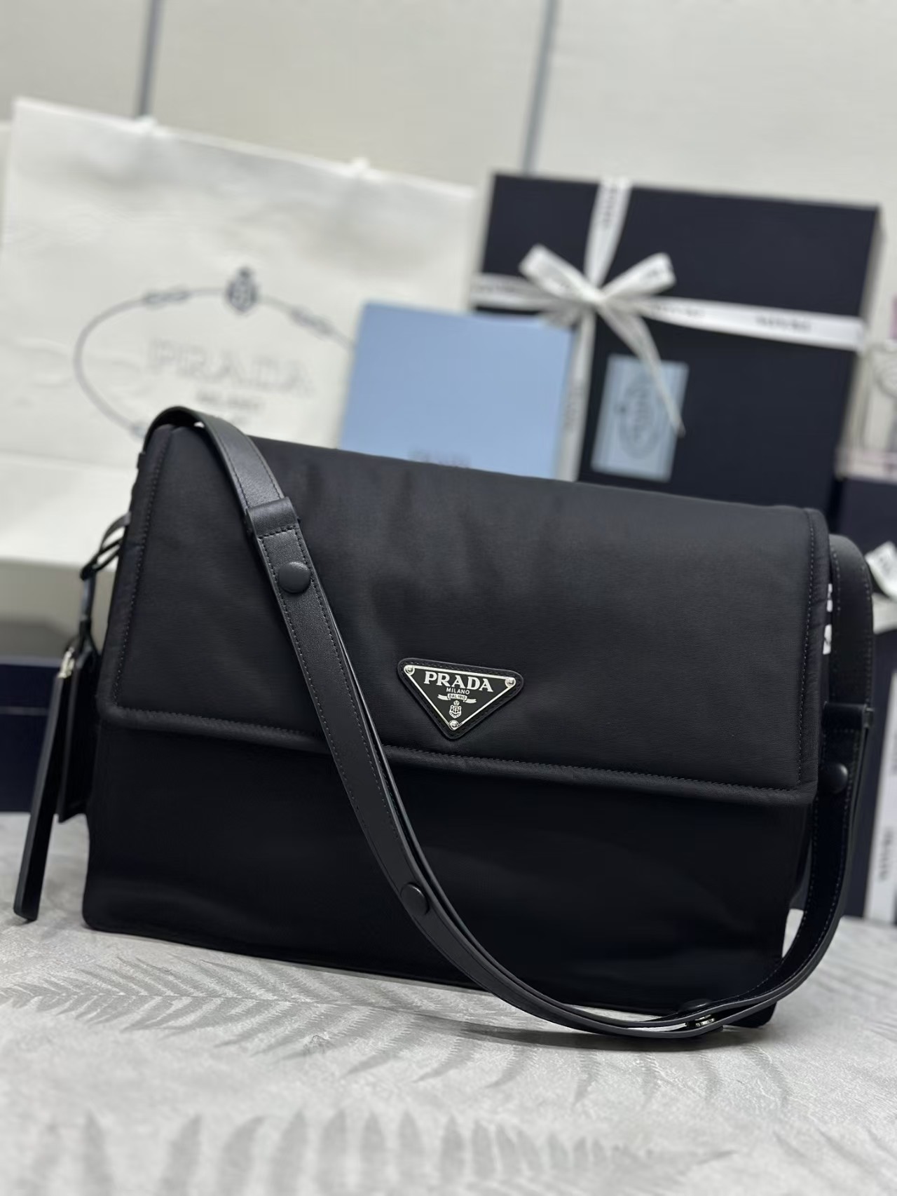 PRADA RE-NYLON LARGE PADDED SHOULDER BAG - BLACK