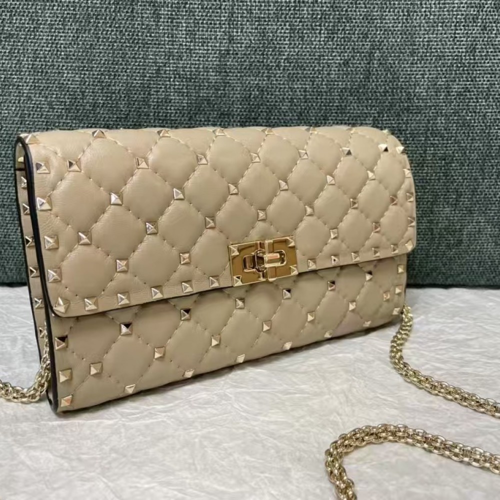 Valentino Garavani Rockstud Spike Wallet on Chain Quilted Leather Small Beige