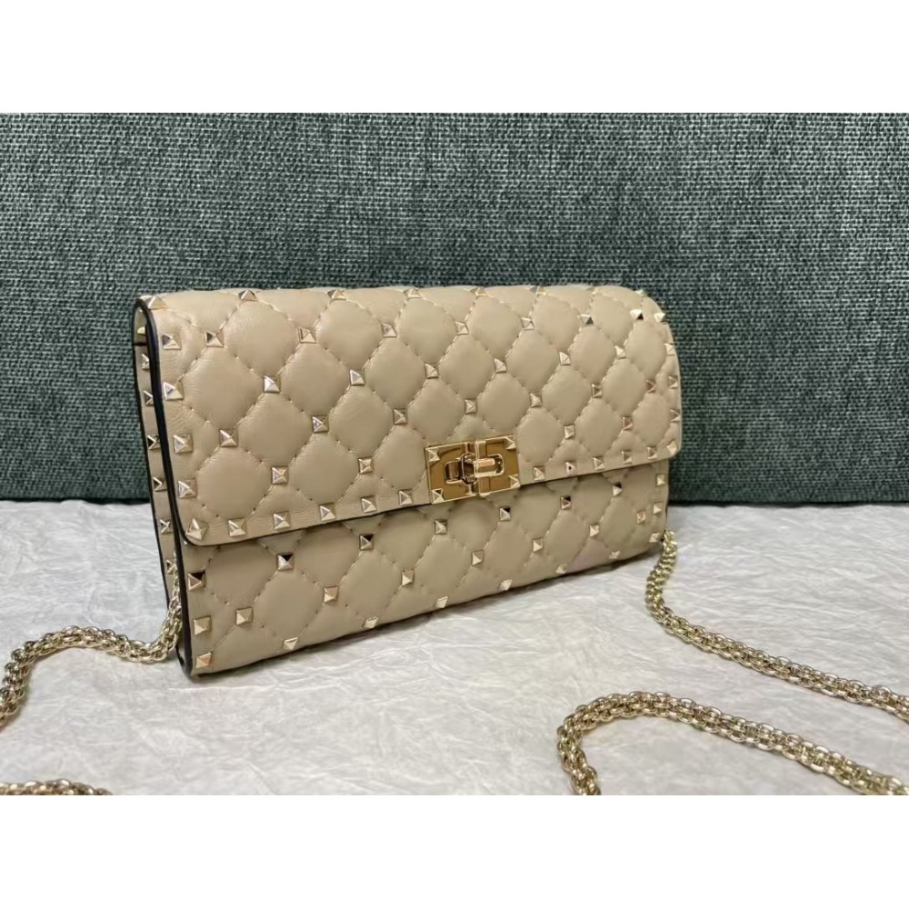Valentino Garavani Rockstud Spike Wallet on Chain Quilted Leather Small Beige