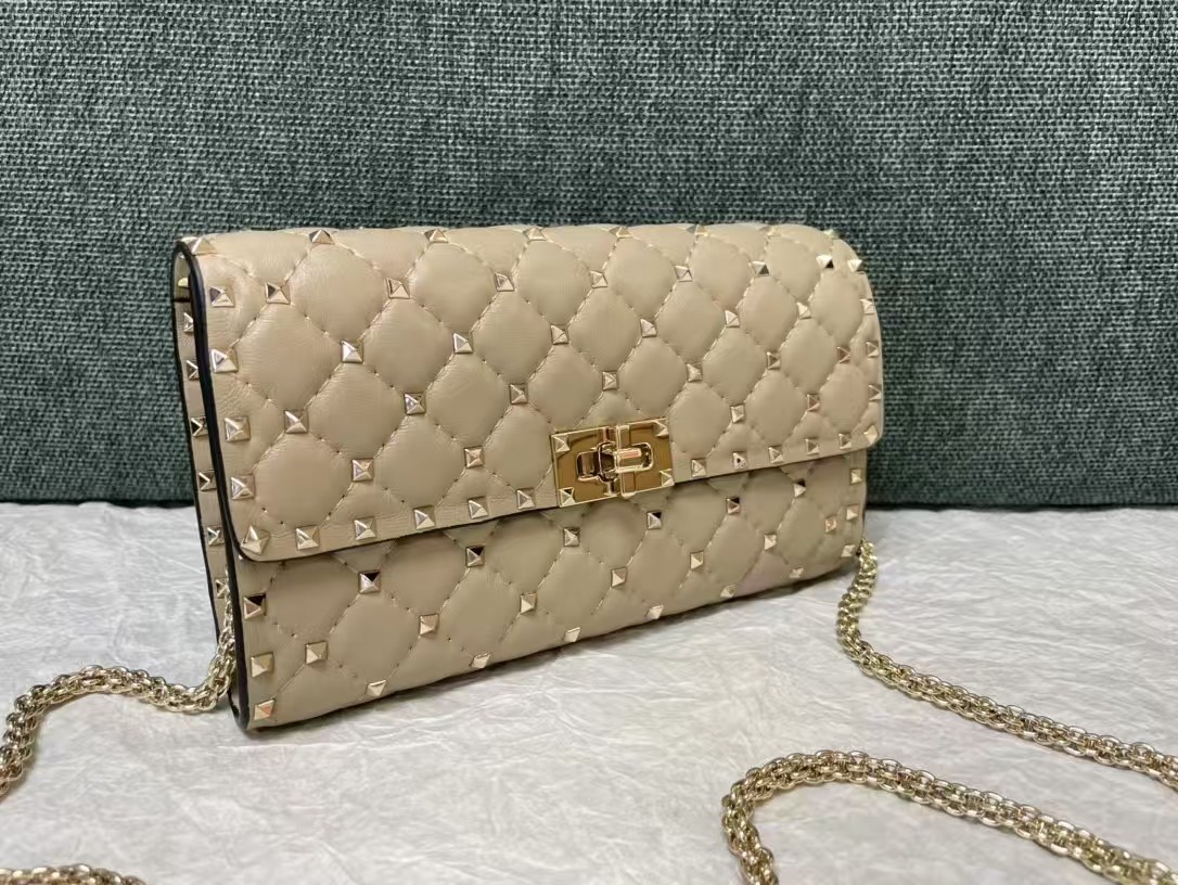 Valentino Garavani Rockstud Spike Wallet on Chain Quilted Leather Small Beige