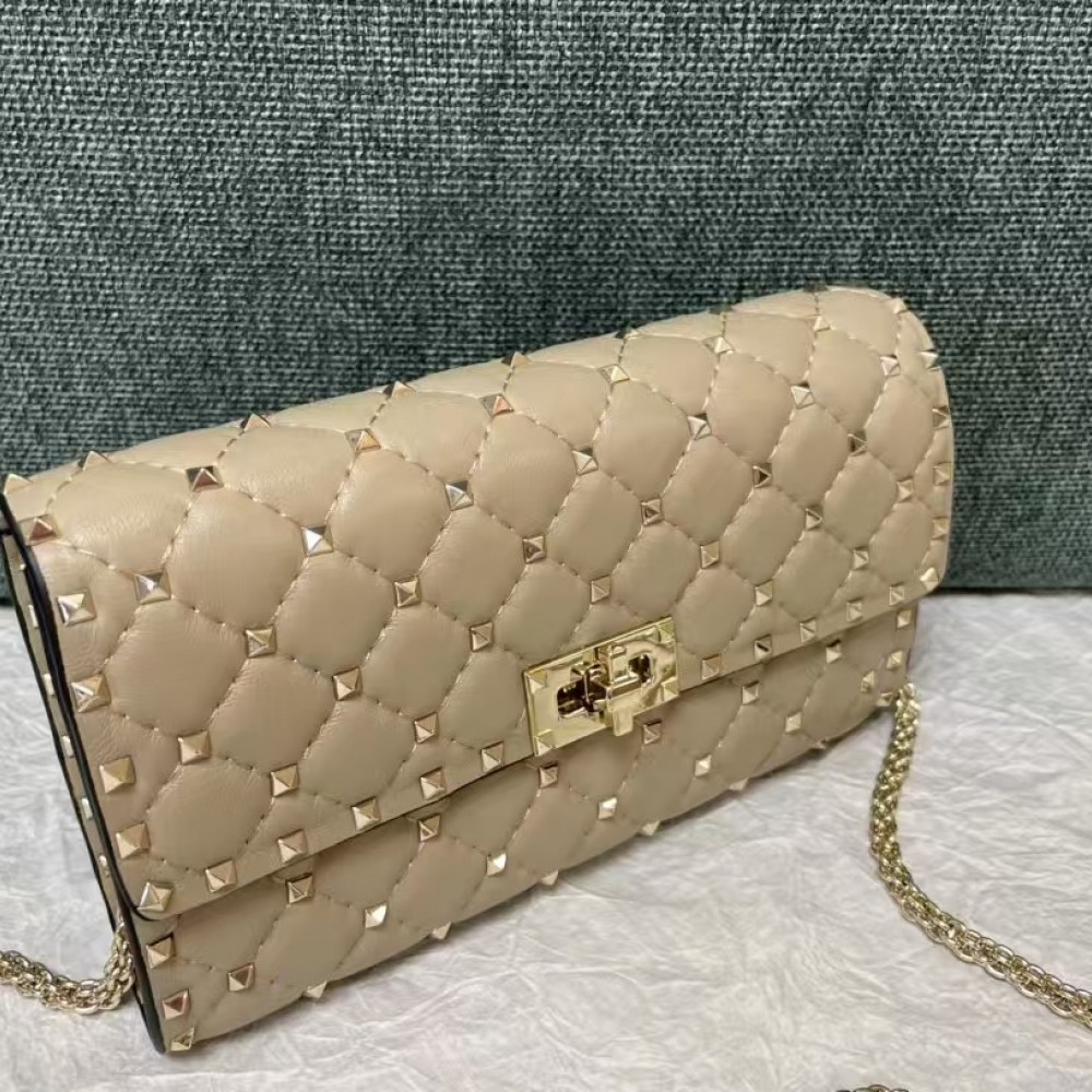 Valentino Garavani Rockstud Spike Wallet on Chain Quilted Leather Small Beige