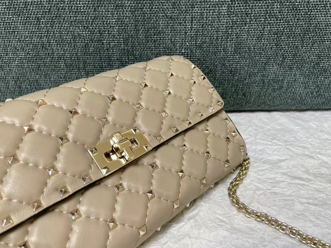 Valentino Garavani Rockstud Spike Wallet on Chain Quilted Leather Small Beige