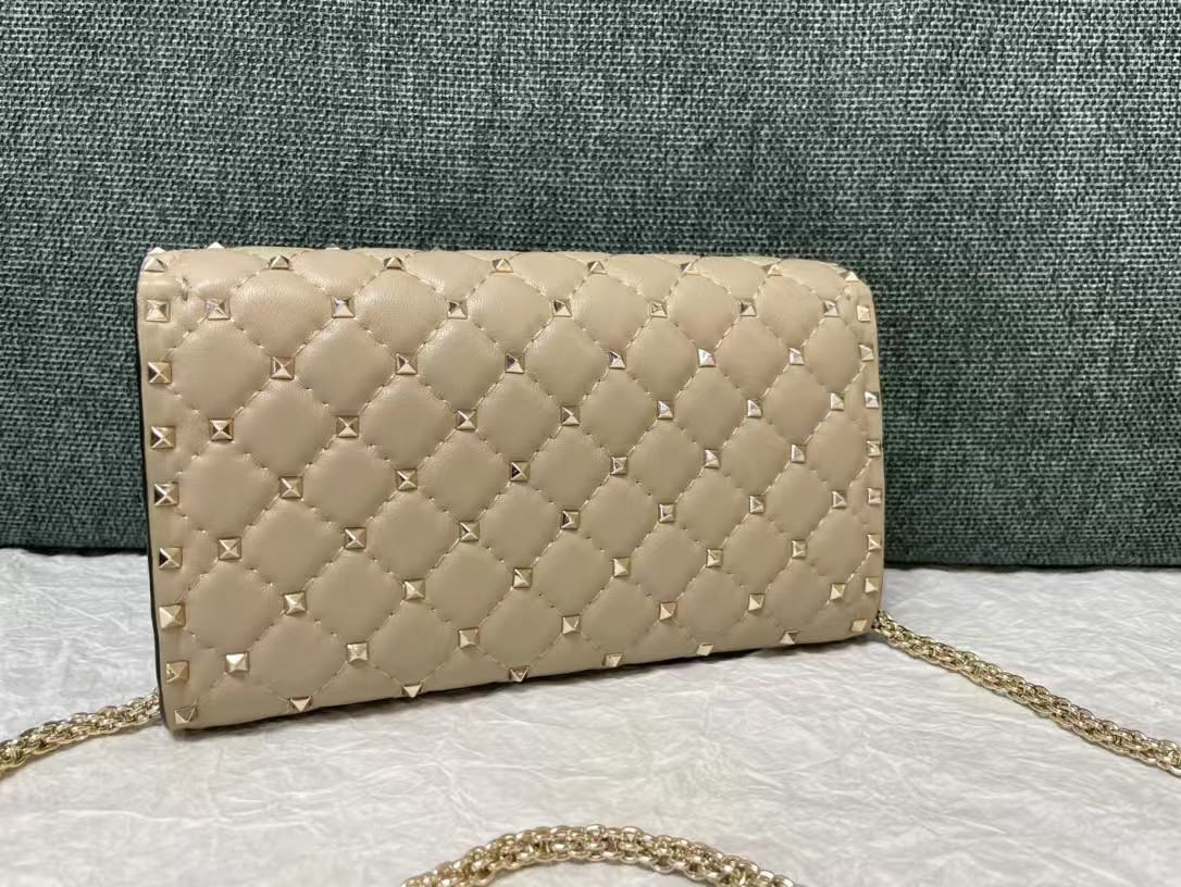 Valentino Garavani Rockstud Spike Wallet on Chain Quilted Leather Small Beige