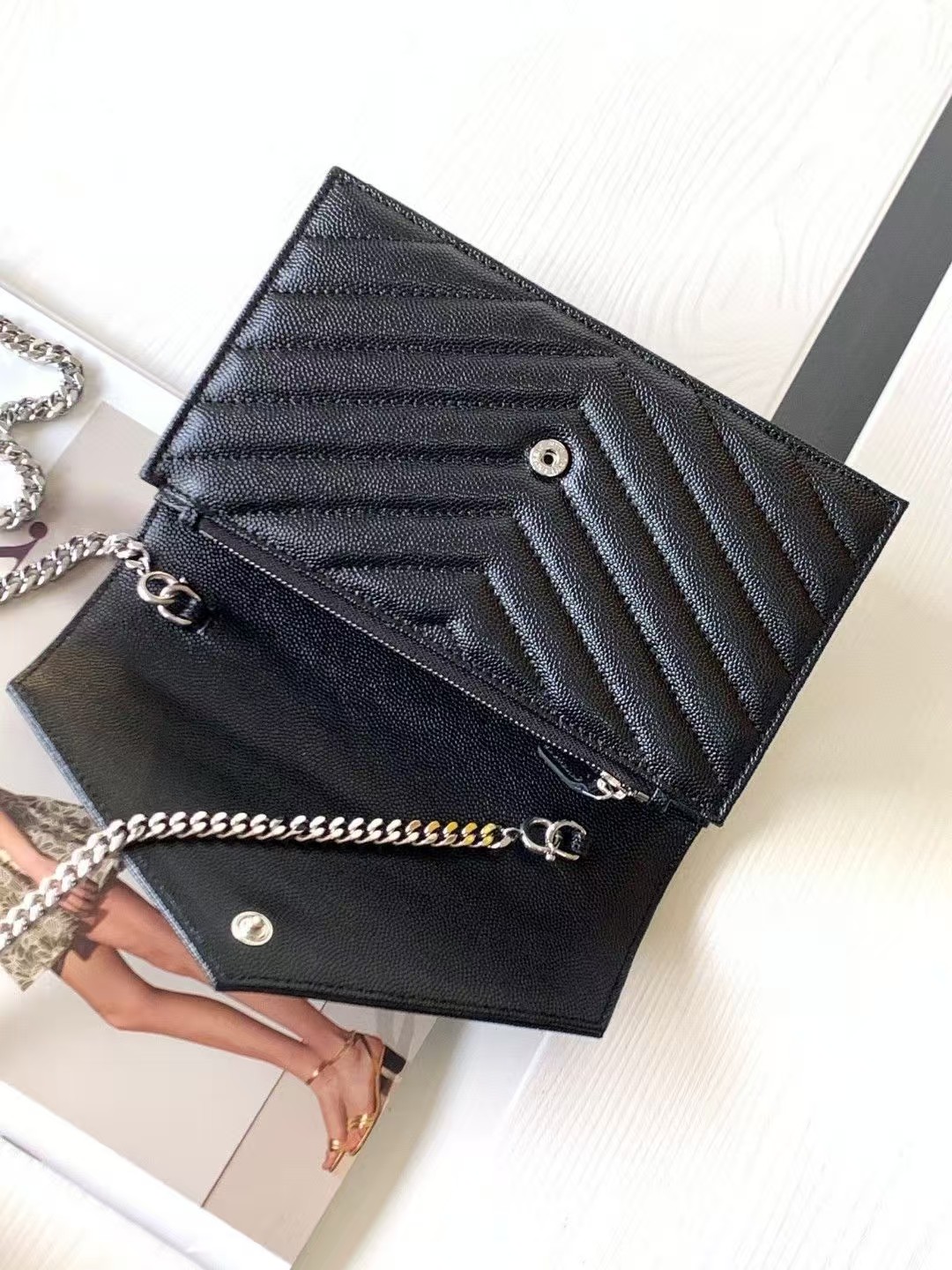 SAINTAURENT ENVELOPE SMALL IN QUILTED GRAIN DE POUDRE EMBOSSED LEATHER SMALL 