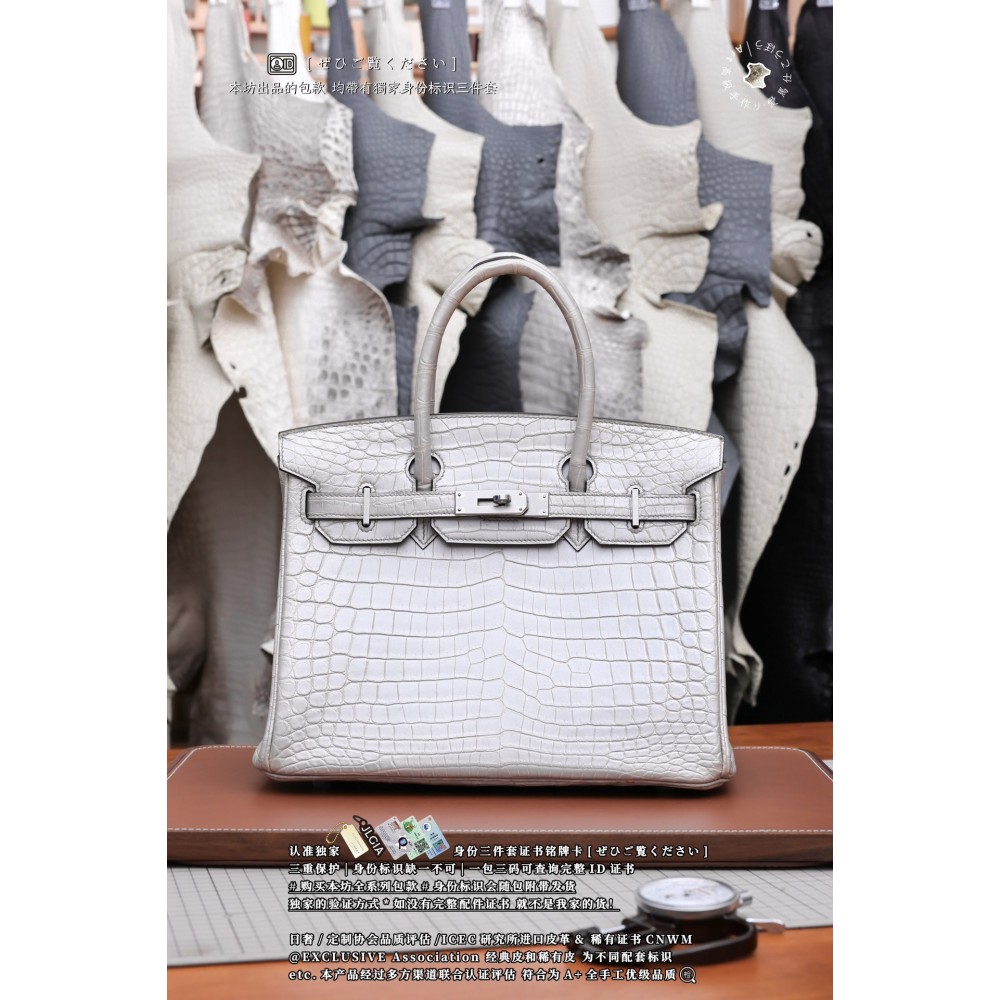 Hermès Birkin 30 Jaune Ambre Shiny Niloticus Crocodile and Togo Touch Palladium Hardware Pearl Grey