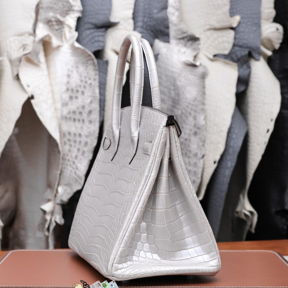 Hermès Birkin 30 Jaune Ambre Shiny Niloticus Crocodile and Togo Touch Palladium Hardware Pearl Grey